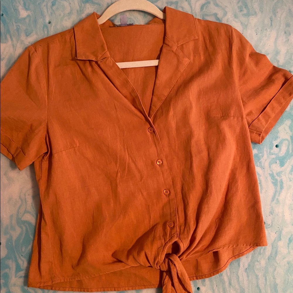 Orange button down knot top